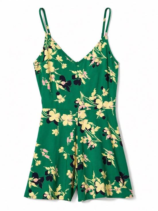 Uniqlo Pants - Uniqlo Green Floral V-Neck Romper with Spaghetti Straps